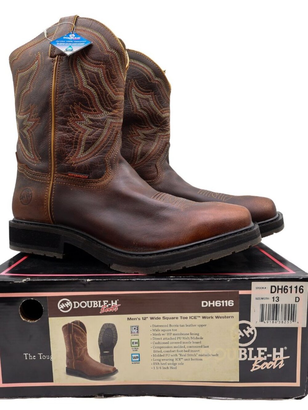 Double-H Boots Mens 13 D Distressed Tan Leather Square Toe ICE Boots DH6116 NWB